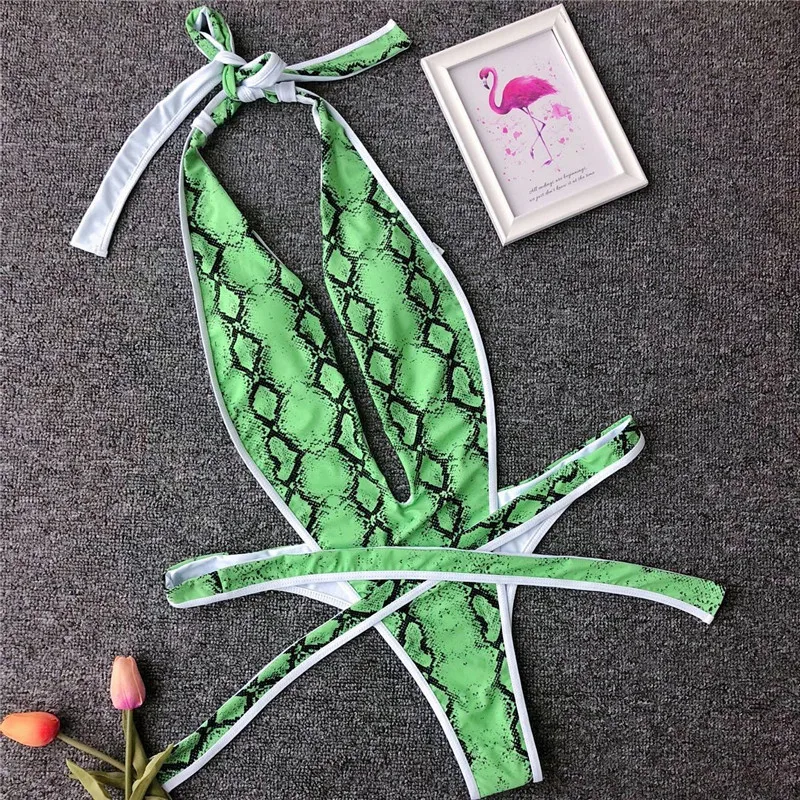 Сексуальные купальные костюмы V-Neck бандажные женские стринги бикини Для женщин бикини неоновой высокое Монокини Пляжная одежда Одна деталь купальника - Цвет: 08C299 green