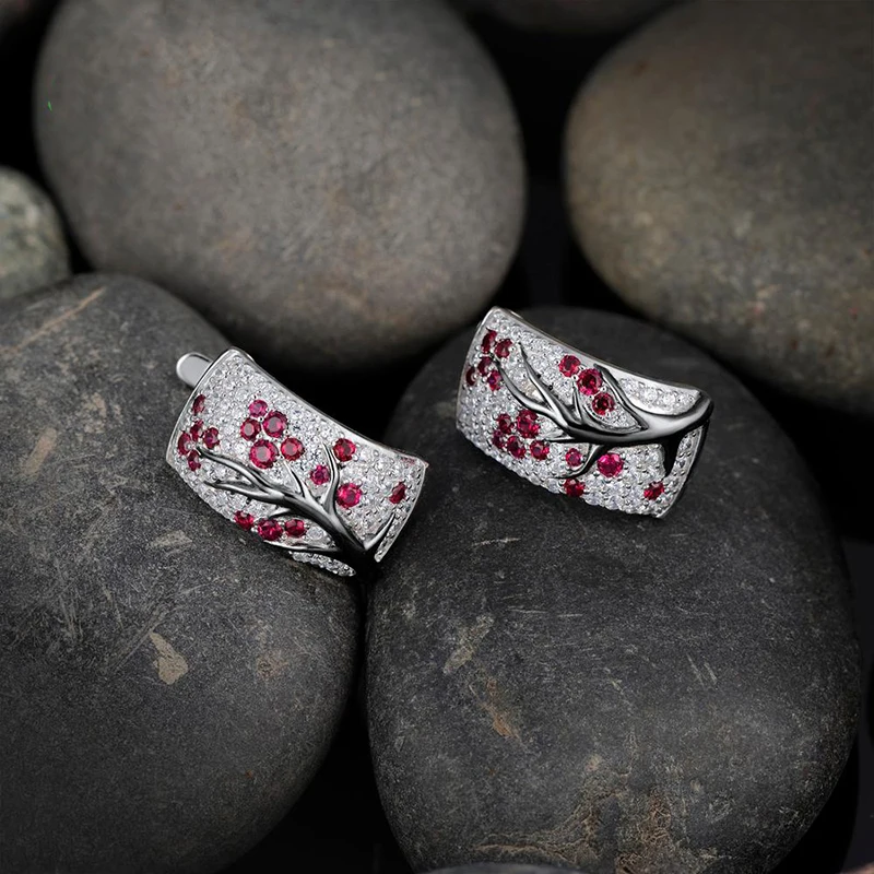 

Luxury Plum Flowers Tree Branch Plant Pattern Stud Earrings Blossom Paved Red Green Rhinestone Earring Z3E782