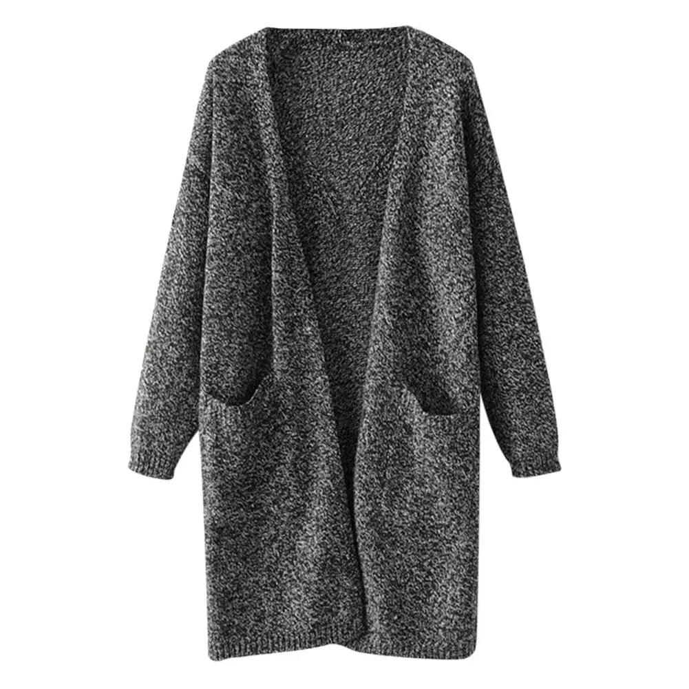 Autumn and Winter Women's Back Hollow-out Midi-length Big Pocket Knitted Cardigan |