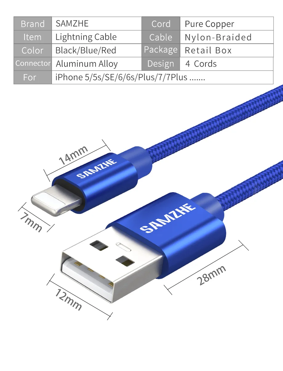 SAMZHE телефон USB кабель для передачи данных, кабель для зарядки, быстрая зарядка, кабель для передачи данных для iPhone 5/6/7Plus и Ipad, кабель для мобильного телефона