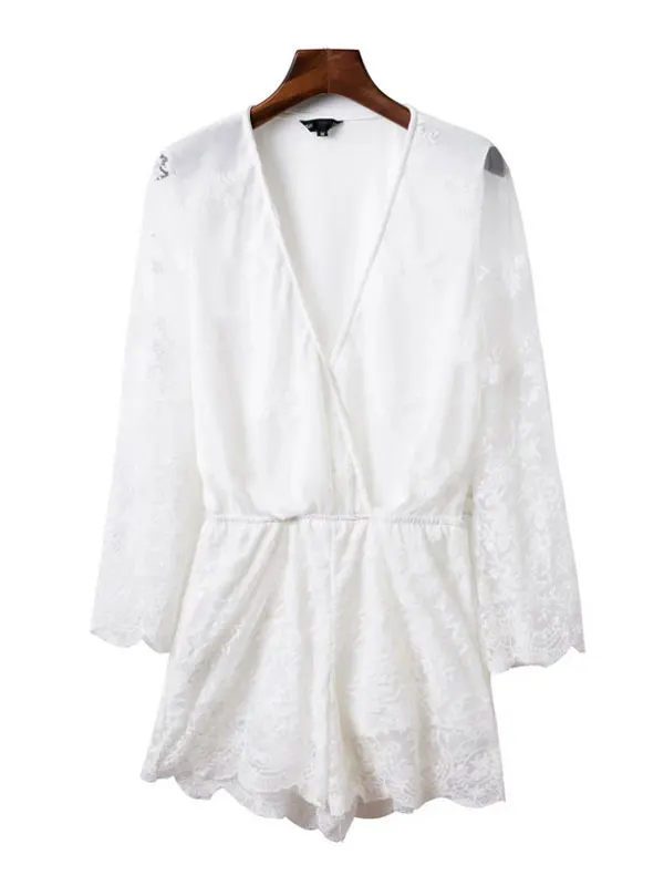 Женский белый комбинезон с длинным рукавом и V образным вырезом|lace playsuit|womens white