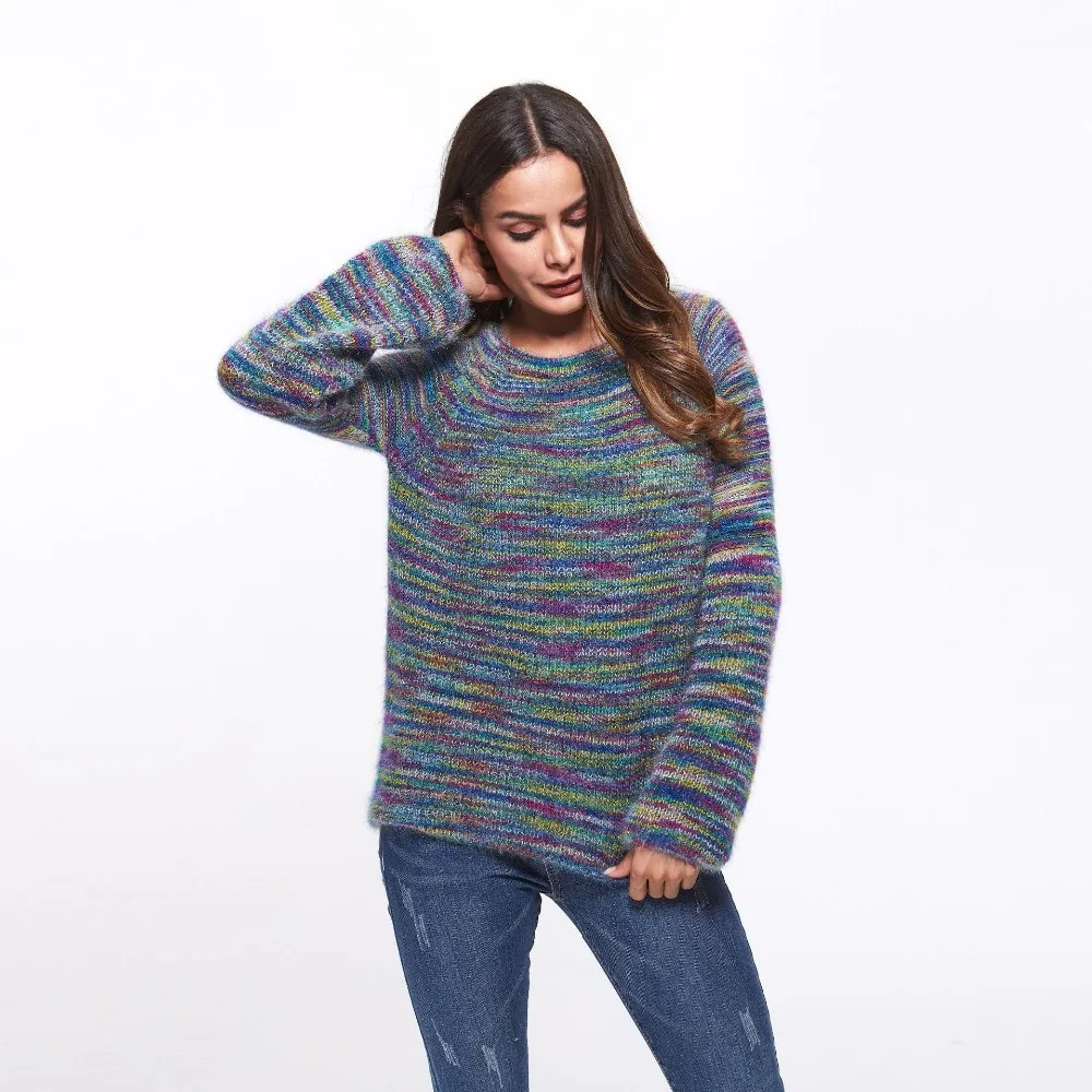 Casual Women Mohair Knitted Top Soft Warm Autumn Colorful Pullovers O-Neck Winter Sweater | Женская одежда