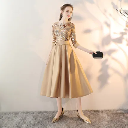 gold knee length Это YiiYa коктейльные платья, элегантные вечерние платья до колен с круглым вырезом, расшитые блестками, королевское торжественное платье на молнии сзади, E406 - Цвет: gold knee length