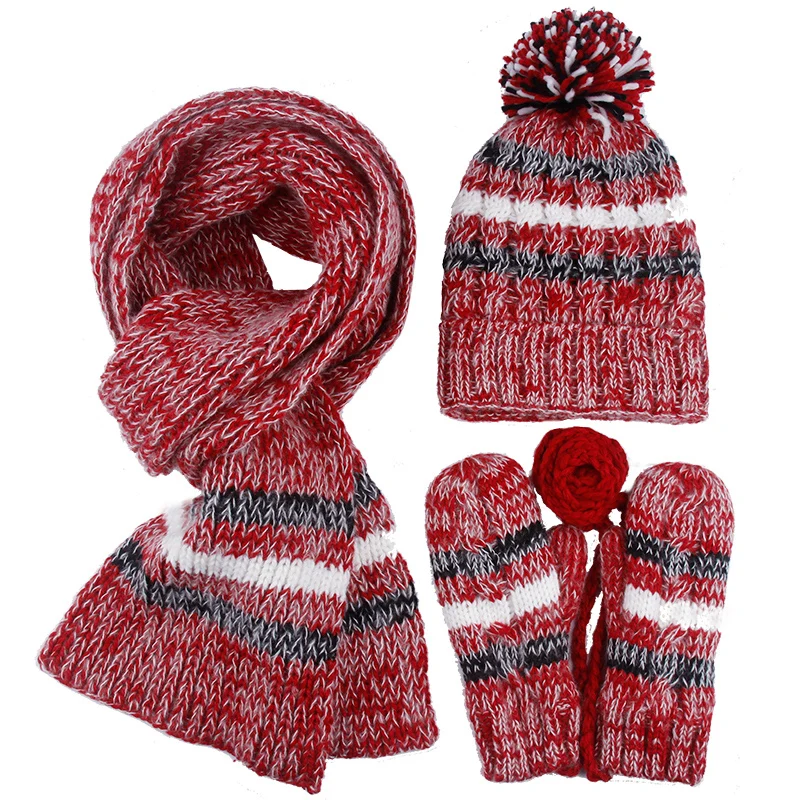Женская зимняя трикотажная шапка с помпоном 3 шт.|scarf glove|hat scarf glovesknitted hat |