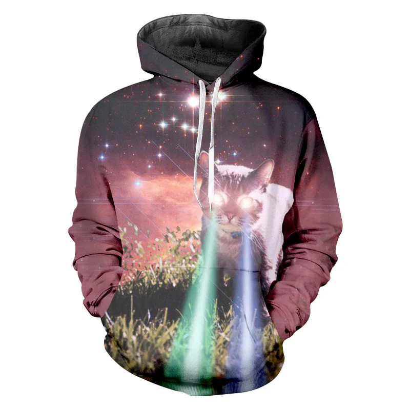 Худи мужское оверсайз с 3D-принтом галактики и котом | Мужская одежда