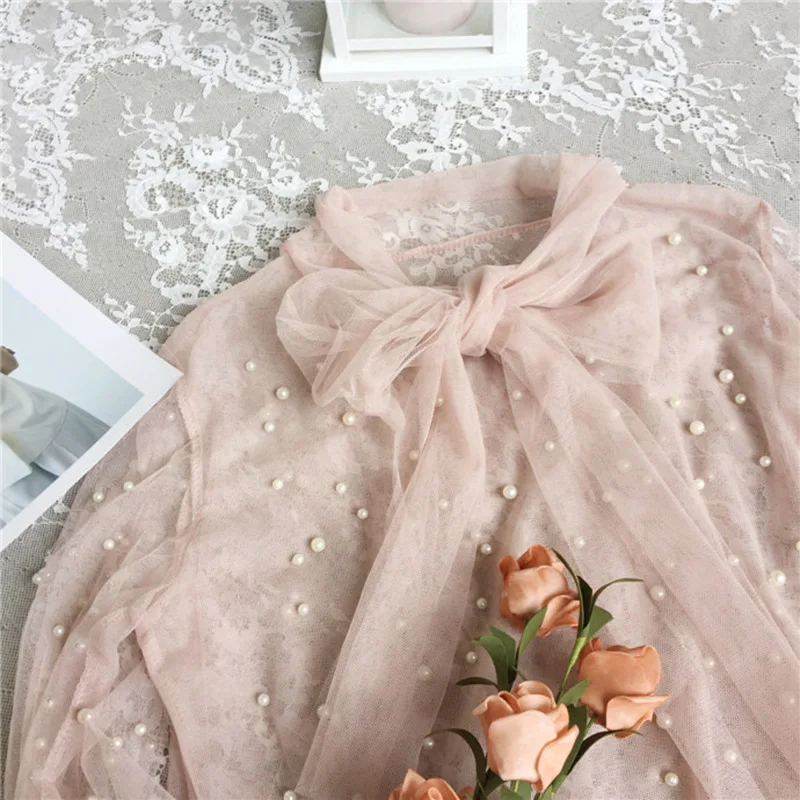 

Новинка, Женская сетчатая блузка с бантом, расклешенные полупрозрачные топы с длинными рукавами, жилет на бретелях, m99