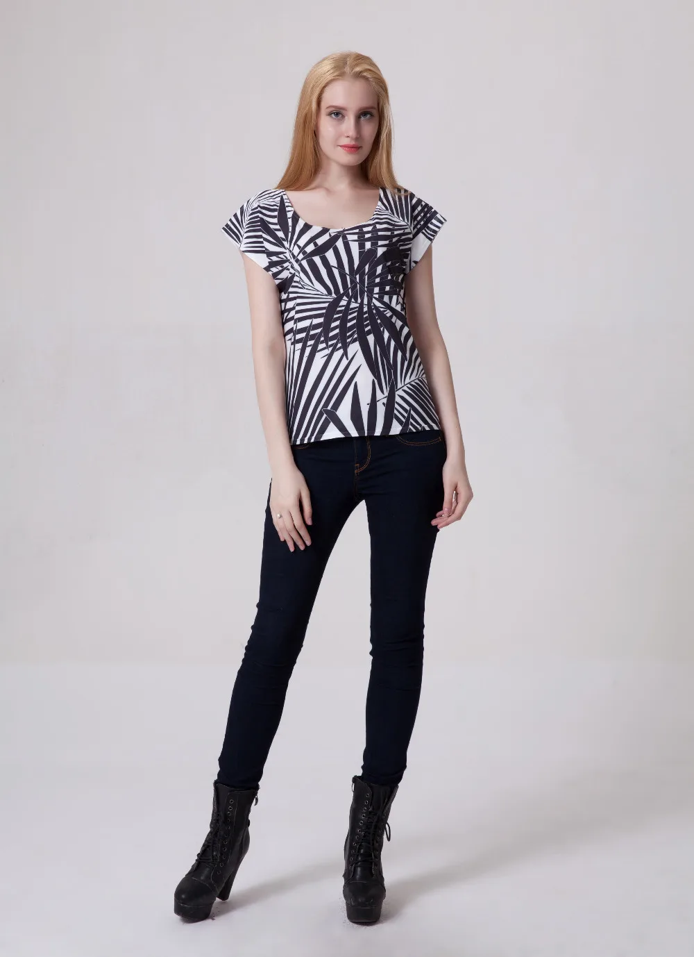 EAST KNITTING 2003 New Style 2015 Leaf Printing Women T-shirt Round Collar SlimTop For Drop Shipping | Женская одежда