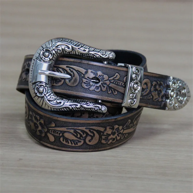 Punk Harajuku Cowskin Genuine Leather Belts for Women Floral Rose Carved Fashion Buckle Women's Belt Novelty Vintage Waist | Аксессуары