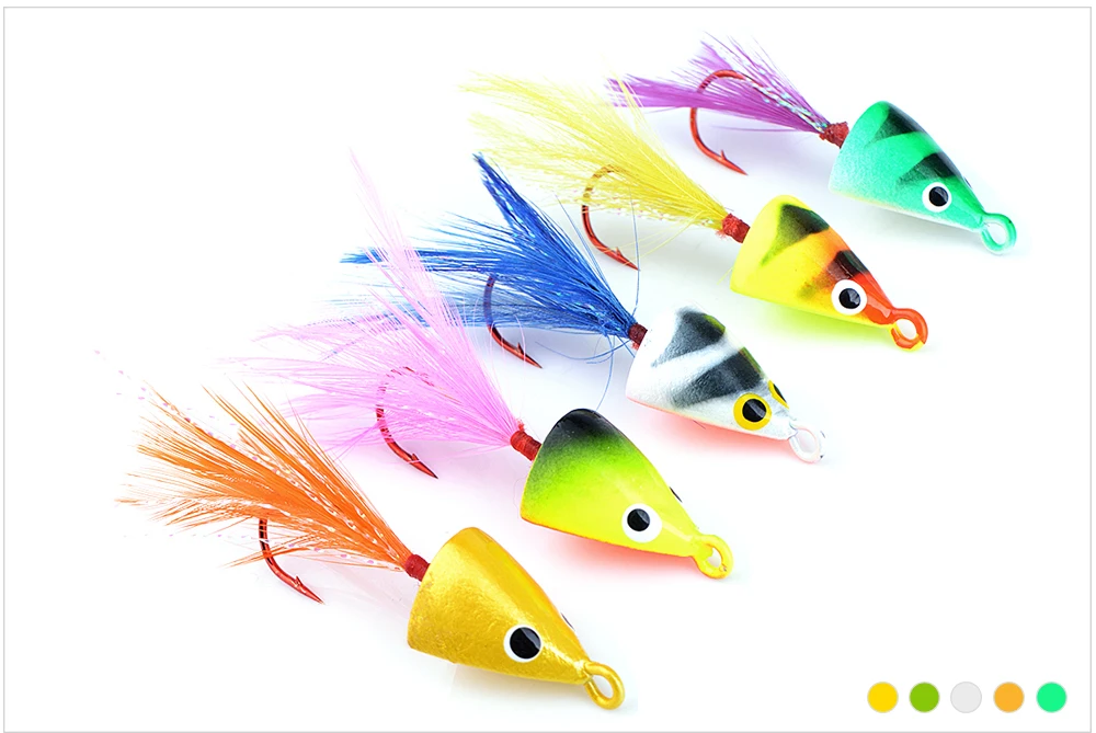 FISH KING 5 шт./лот, 3 г, 5 г, 8 г, 11 г, многоцветная приманка для подледной рыбалки, джиг-голова, рыболовный крючок с пером для зимней рыбалки