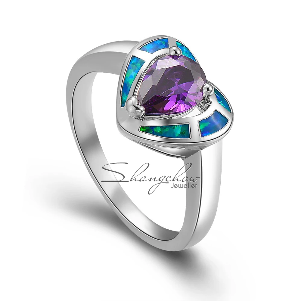 Кольцо женское из серебра 925 пробы с голубым огненным опалом и фиолетовым