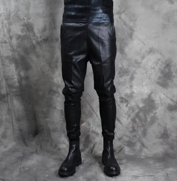 New korean men's leather pants personalized feet pants mens slim trousers tide men splicing taper pant black classic casual
