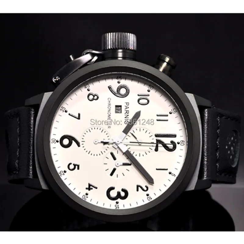 Часы parnis 50 мм с большим циферблатом белым твердым датой на день мужские кварцевые