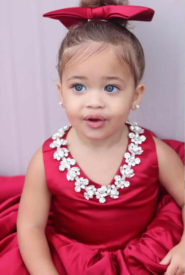 Красное сатиновое Пышное Платье с v-образным вырезом для маленьких детей платье