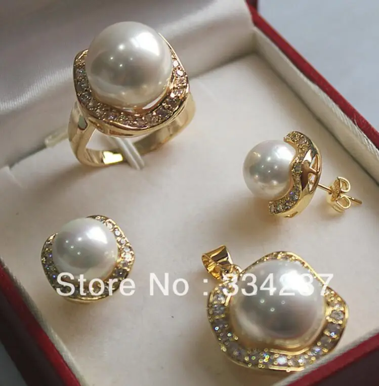 

New Listed!Free shipping White South Sea Shell Pearl Ring Pendant Earring Jewelry Set