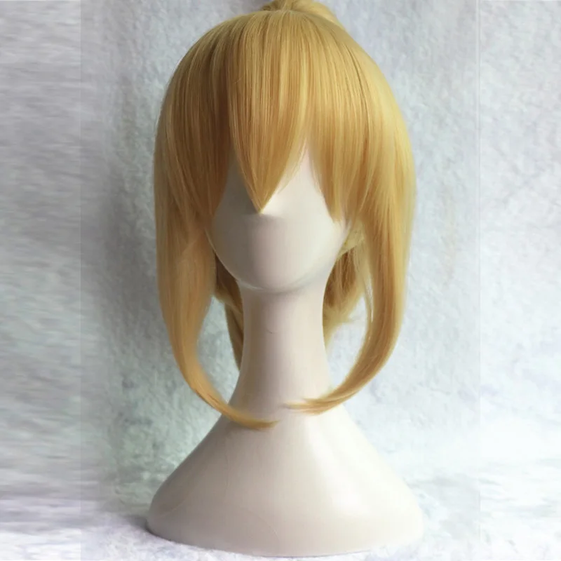 

35cm Fate stay night saber lily Cosplay Full Wig Golden Synthetic Hair Wigs With Ponytail+hairnet