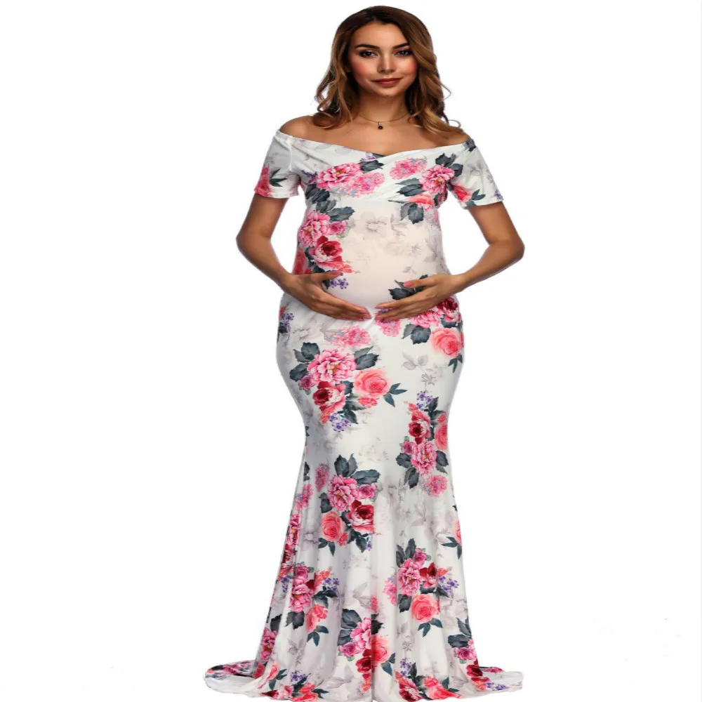 Printing Pregnant Woman Photograph V Lead Short Sleeve Portrait Nostalgia Longuette vestidos maternity dresses for photo shoot | Мать и - Фото №1