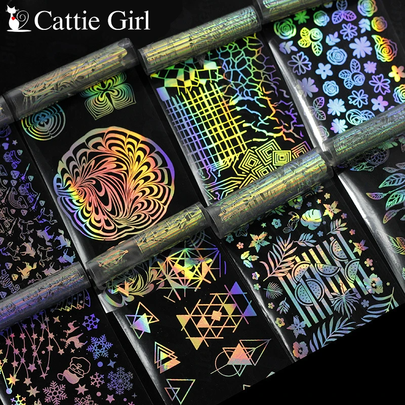 

8 roll 4*100CM Geometric Water Marble Holographic Series Nail Foil Flower Dream Catcher Holo Christmas Transfer Sticker Nail Art