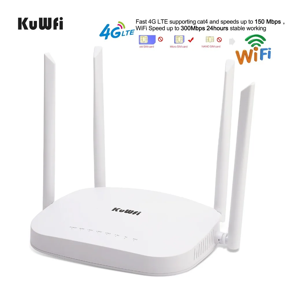 KuWfi 4G CPE роутер 3g/4G LTE Wifi роутер 300 Мбит/с беспроводной роутер CPE с 4 шт внешними антеннами поддержка 4G в LAN устройство