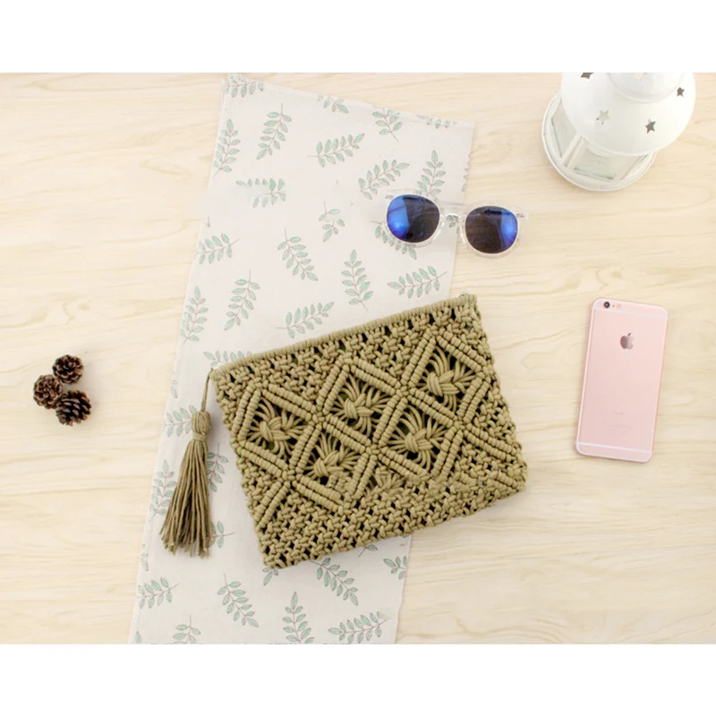 Army green AEQUEEN кошелек из ротанга модный пляжный богемный клатч сумка Bolsa Feminina женская вязаная соломенная сумка с бахромой кошелек для монет держатель для карт - Цвет: Army green