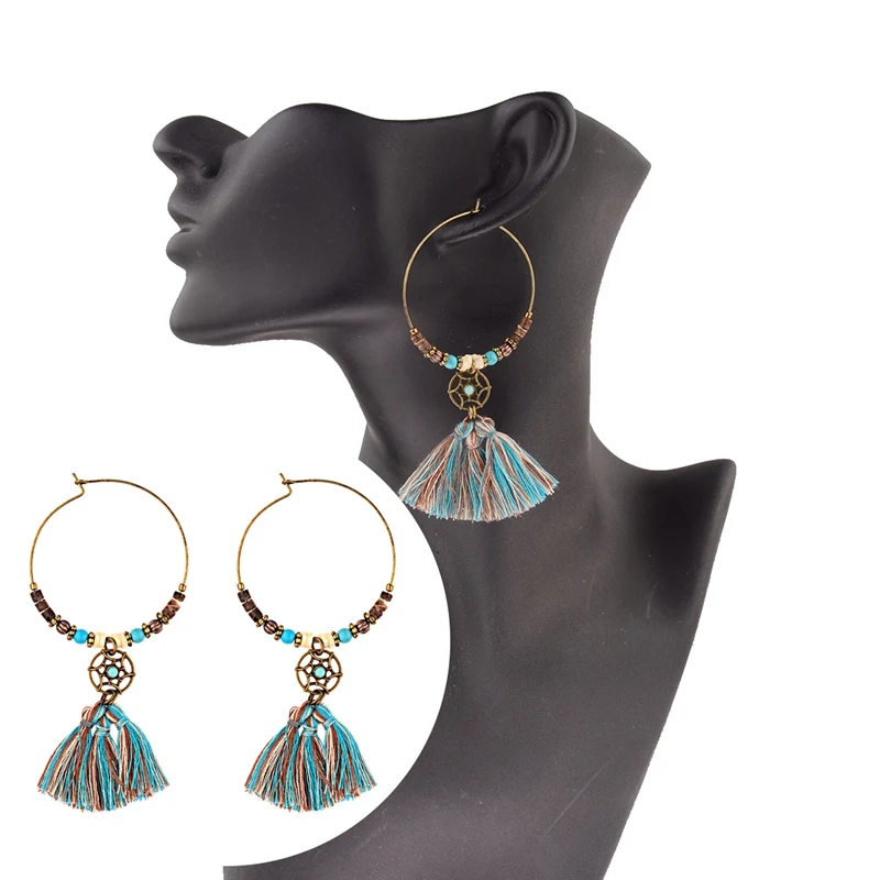 Женские винтажные серьги с бусинами Jhumkas Gypsy Green HQE915 этнические большие круглые в