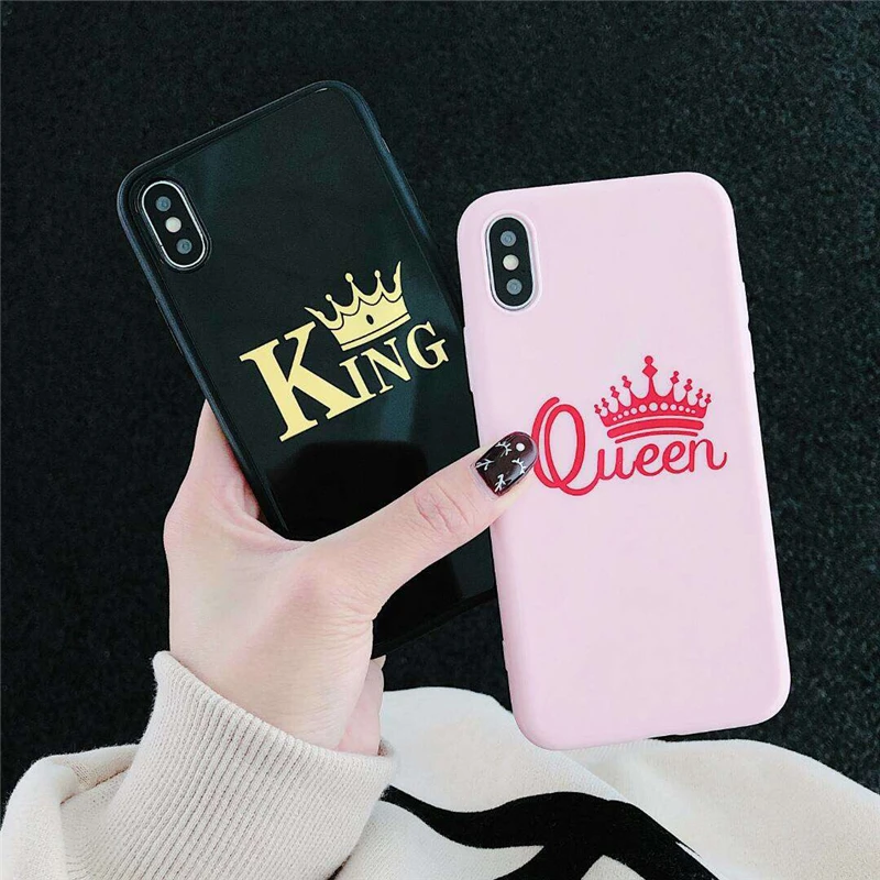 Роскошный чехол для пары для iPhone 6, 6s, 7, 8 Plus, глянцевая корона, король, королева, буквы, мягкий ТПУ чехол для iPhone X, XS, чехол для MAX XR Capa