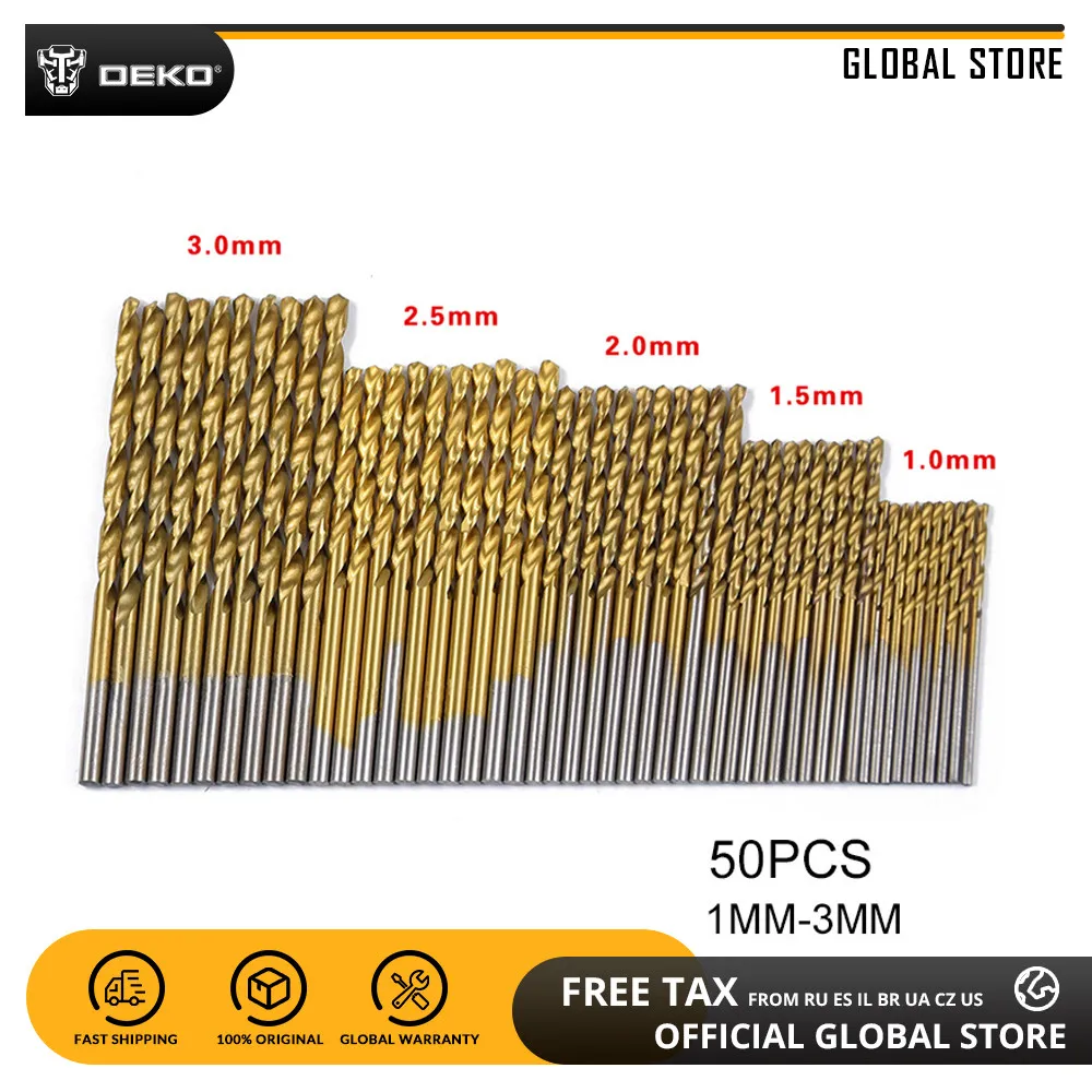 DEKO GJ25 50Pcs/Set HSS Twist Drill Bit Set Saw Set High Steel Titanium Coated Drill Set for Wood Drilling 1/1.5/2/2.5/3mm