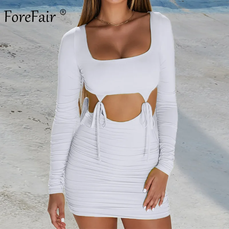 Женское мини-платье Forefair с длинным рукавом вырезом на шнуровке квадратным рюшами