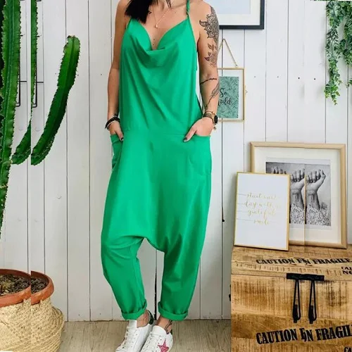 01 Green Lipswag женские пляжные с открытыми плечами карманы брюки комбинезон Повседневный Без Рукавов Свободные Комбинезоны летний женский комбинезон - Цвет: 01 Green