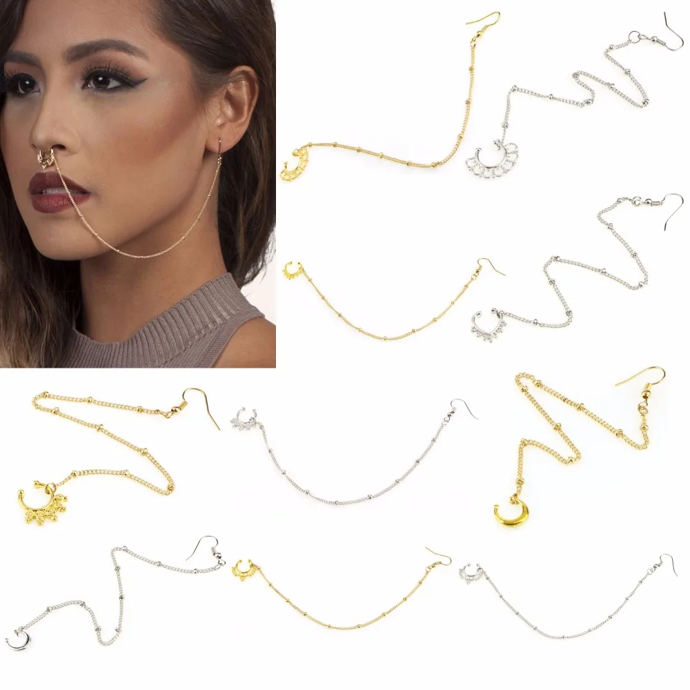 1 шт панк кольца в носу и шпильки цепи поддельные перегородки пирсинг