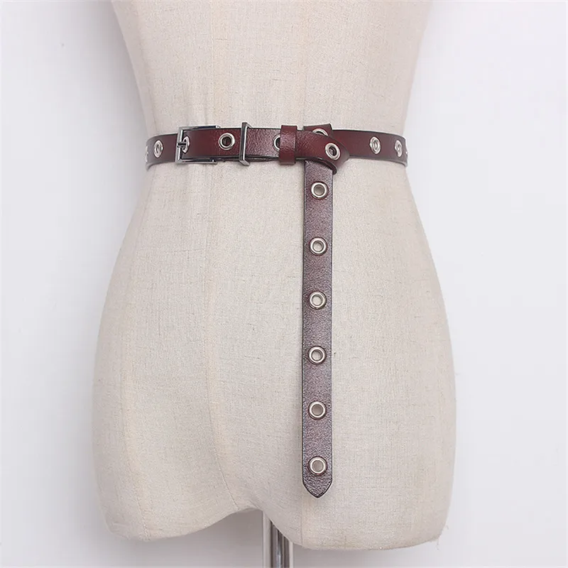 

HATCYGGO Hollowed Out Air Hole Belts For Women Punk Long Personality Leather Waist Belt All-matching Decorative Lady Narrow Belt