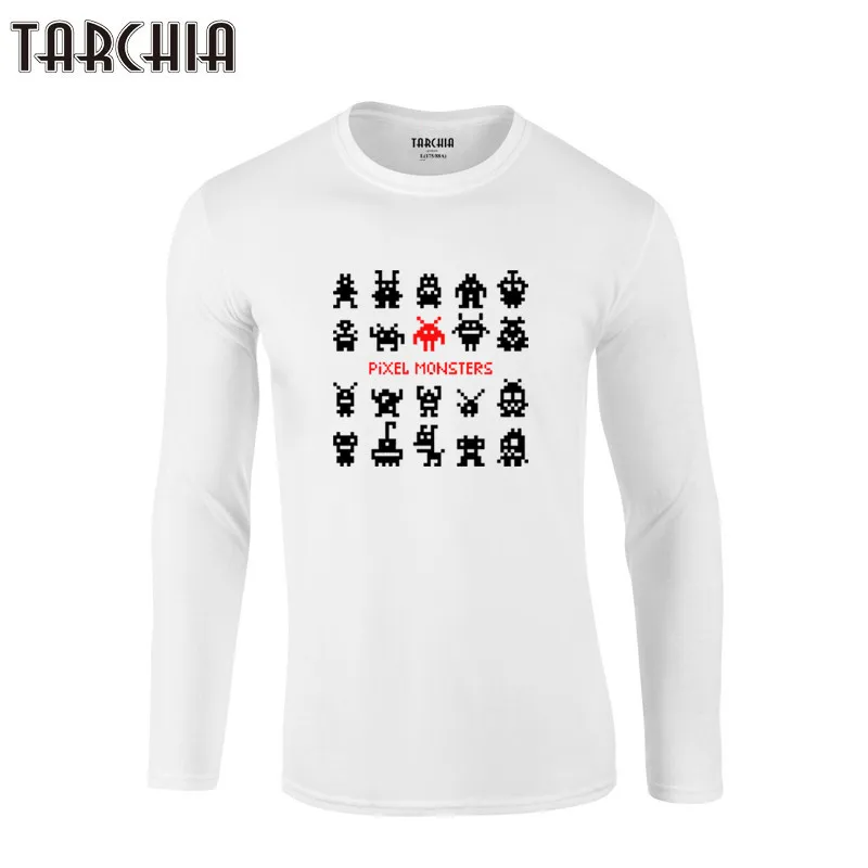 TARCHIA 2022 Cotton Tops Men Tee Long Sleeve Fun Pixel Space Monsters Autumn Print Shirt Homme Oversize Brand Mens T-Shirt New | Мужская