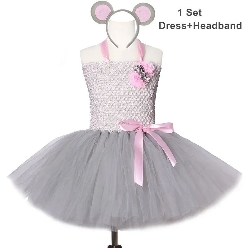 Dress and Headband Серое и розовое платье-пачка с мышкой фатиновое платье-пачка до колена с цветами для дня рождения для девочек, костюм на Рождество и Хэллоуин - Цвет: Dress and Headband