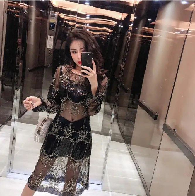 Черный Dangal Sequin Luxury Women Dress Hip Hop Bling Heavy Beading Dress Women Dress Long Sleeve Sexy See-though Dresses For Party - Цвет: Черный