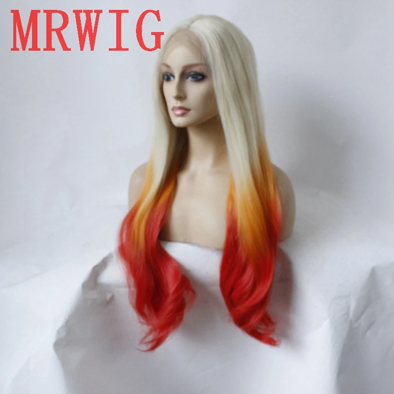 MRWIG настоящий рис #613/Желтый/Красный Длинный натуральный волнистый синтетический