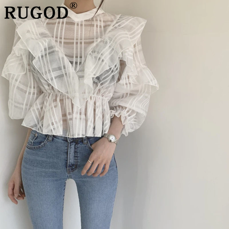 Женская блузка в полоску RUGOD белая офисная с расклешенными рукавами элегантная