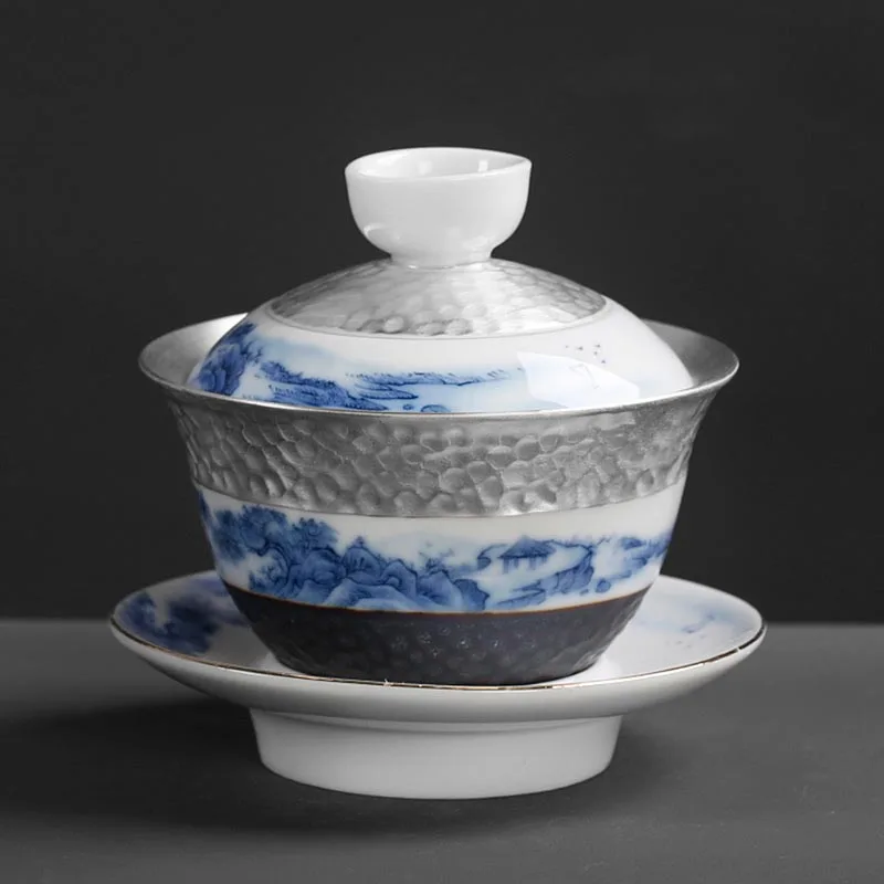 160 мл серебро Gaiwan Цзиндэчжэнь фарфор расписанный вручную чай миска с крышкой