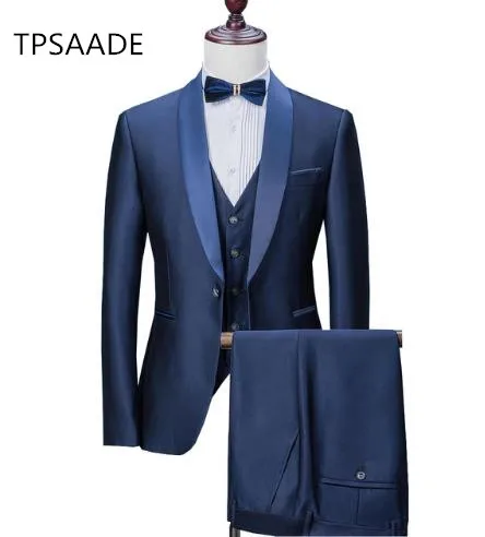 Мужские s костюмы свадебные костюмы для Мужская шаль воротник 3 шт. Slim Fit синий костюм мужской s смокинг куртка для свадьбы(Блейзер+ брюки+ жилет
