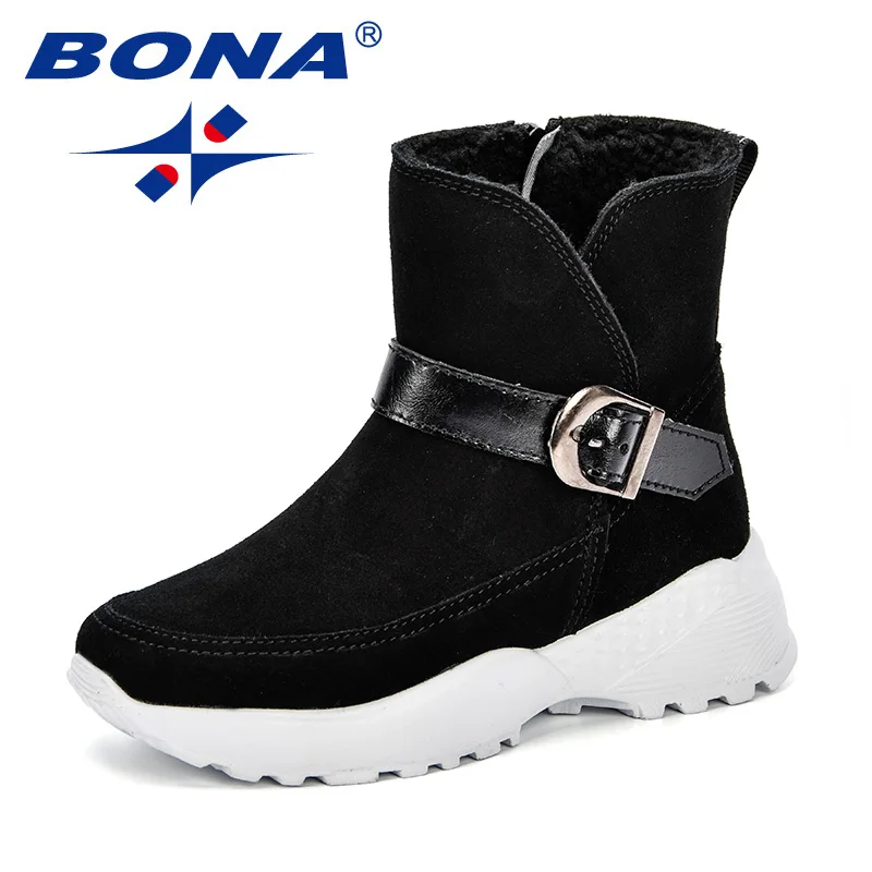 Black BONA/теплые детские зимние ботинки для детей; коллекция года; сезон осень; Новая удобная зимняя детская обувь для мальчиков; милые ботинки для девочек на нескользящей плоской подошве с круглым носком - Цвет: Black