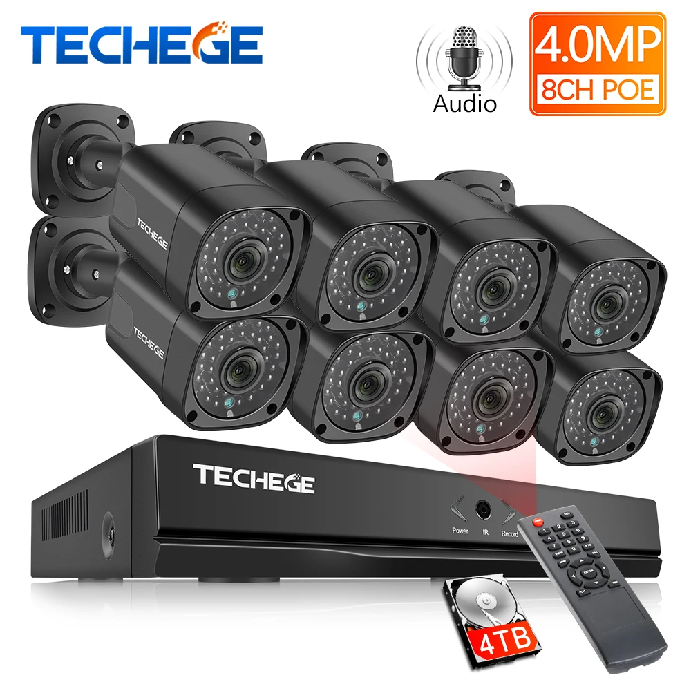Techege 8CH h.265 4MP аудио запись видео системный комплект для Фотокамеры 8 штук ip камера