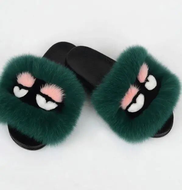 Домашние тапочки женские меховые шлепанцы с лисьим мехом домашние меховая