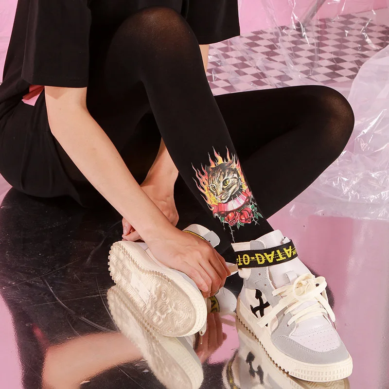 

Harajuku Cat Flame Print Pantyhose Black Spring And Autumn