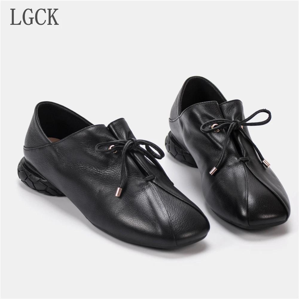 

Plus Size 34-42 Genuine Leather Women Shoes Autumn Flats Oxford Shoes For Women Low Heel Loafers Lace-Up Shoese Harajuku Shoes