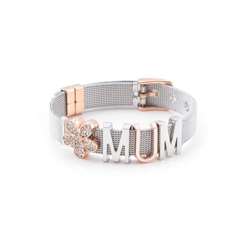 Vinnie Design Jewelry Mother's Day Gift New Arrival Stainless Steel Love MOM Mesh Charm Bracelet Set with 4pcs Slide Charms Bead |