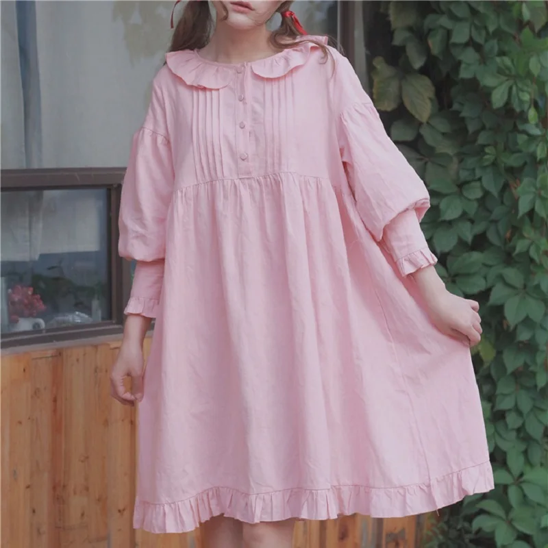 Японский стиль, однотонное женское платье из чистого хлопка Kawaii, воротник Питер Пэн, рукав-фонарик, женское платье, Vestidos, розовое, черное, хаки, платье с оборками