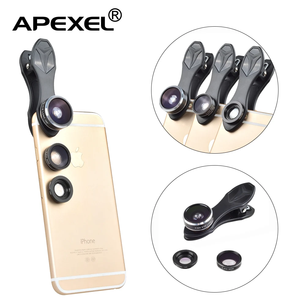 APEXEL телефон Камера объектив Комплект 3in1 198 градусов рыбий глаз + 0.63X Широкий