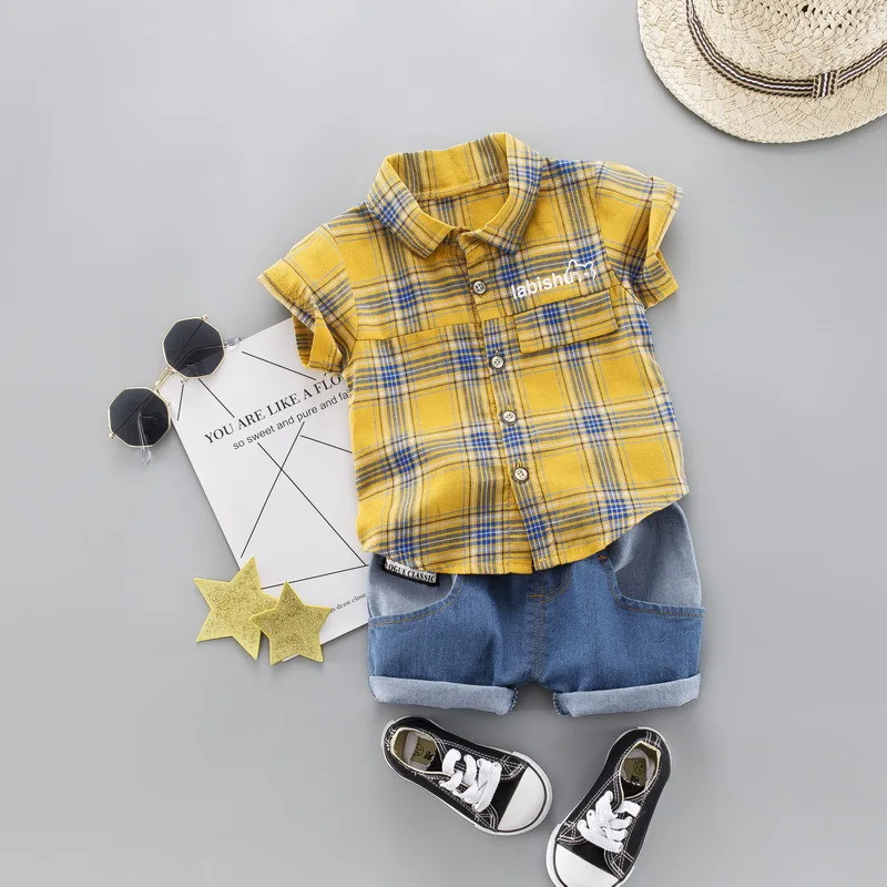 

Boys Clothes Kids Baby Boy Plaid Shirt Jeans Summer Clothing Set Short Sleeve Cotton Suit Children Clothing Boys Outfit