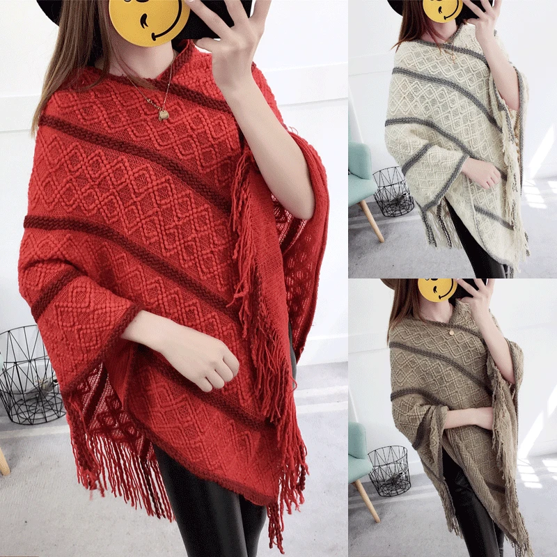 Fashion Female Women's Long Plus Size Tassel Bat sleeve striped Loose Knitted Winter Capes &amp Ponchos Clothes Clothing Outerwear |