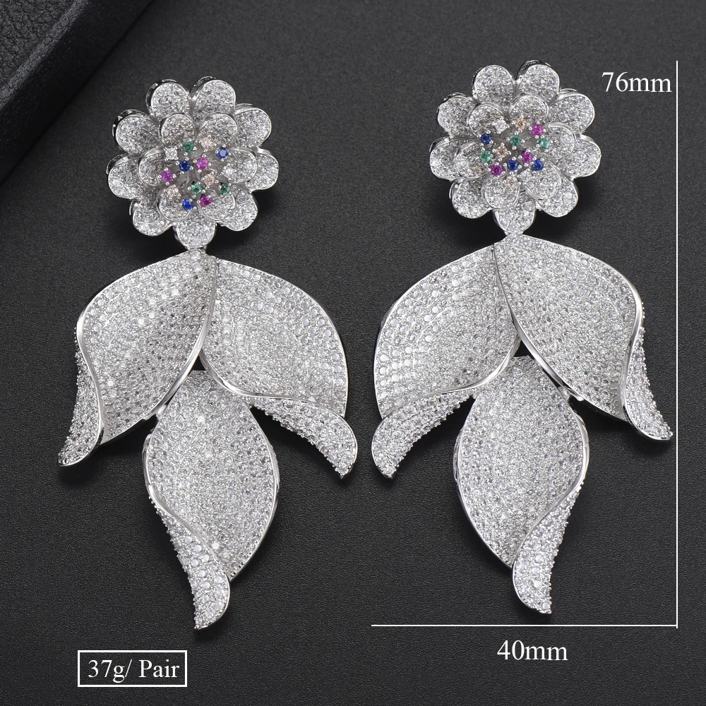 

40*76 mm Deluxe flower earrings Leaf Pendant Dangle Earrings For Women Full Cubic Zirconia Drop Earrings boucle d'oreille