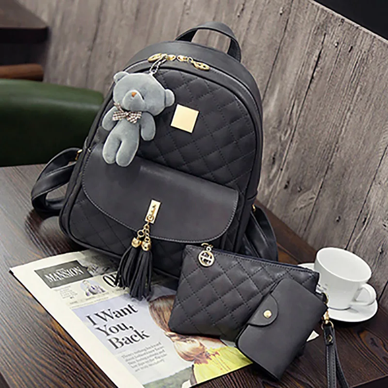 Women Small Vintage Backpack Women's Bag Set Waterproof Retro Bear Pendant Bags Set Of 3 Female Luxury Cute Leather Backpacks - Цвет: HGG