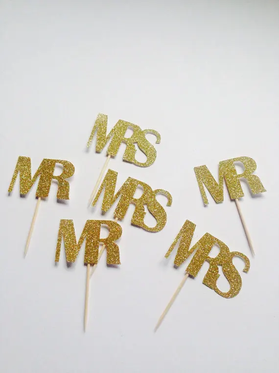 

Блестящие золотые топперы для капкейков Mr & Mrs для помолвки на день рождения, День Святого Валентина, свадьбу, декорирование свадебвечерние ...